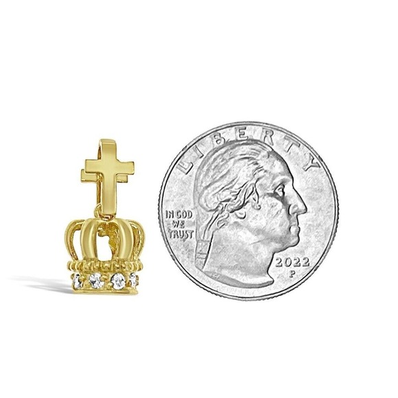 Crown Cross Pendant 3D Charm 10k Yellow Gold CZ 0.7 inch - Picture 2 of 4